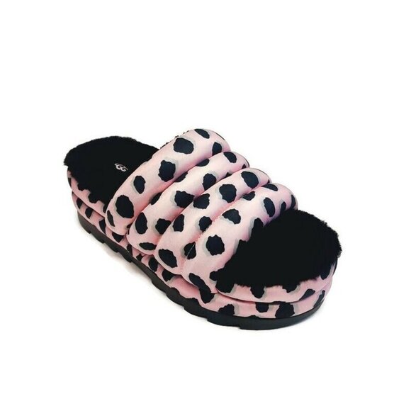 UGG Womens 8 Maxi Slide Cheetah Print Sheepskin Platform Slippers Pink Scallop - Picture 1 of 8